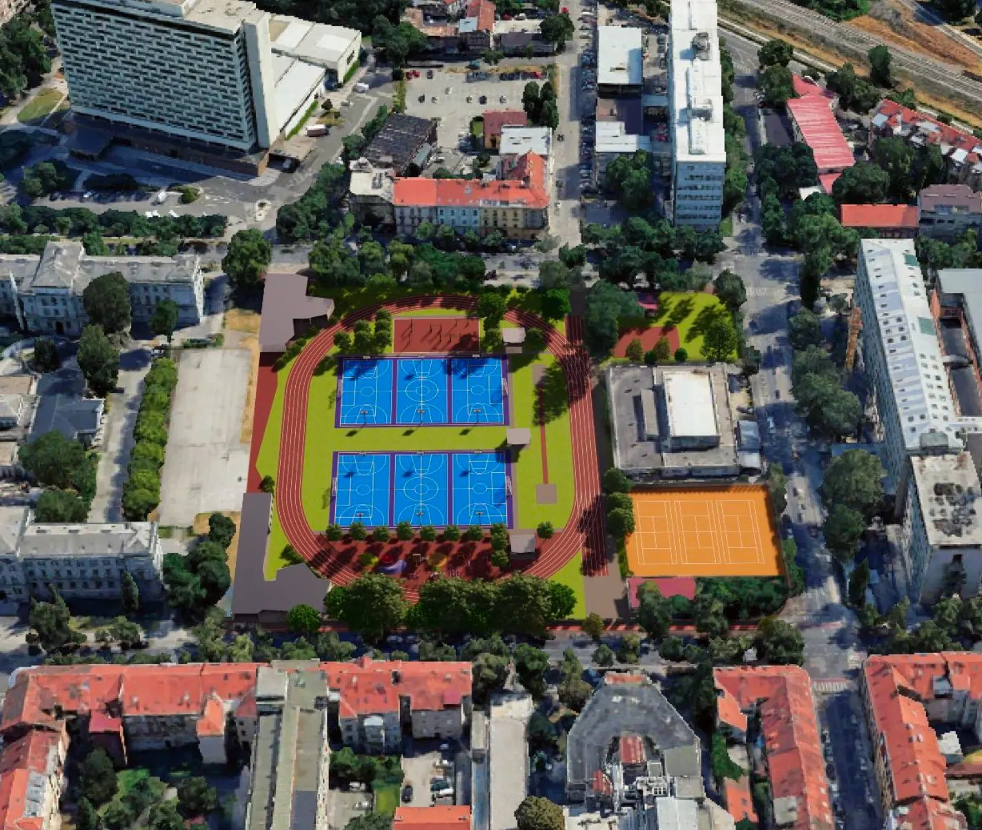 Garaža Klaićeva – pogled iz zraka na sportsko-rekreacijske sadržaje